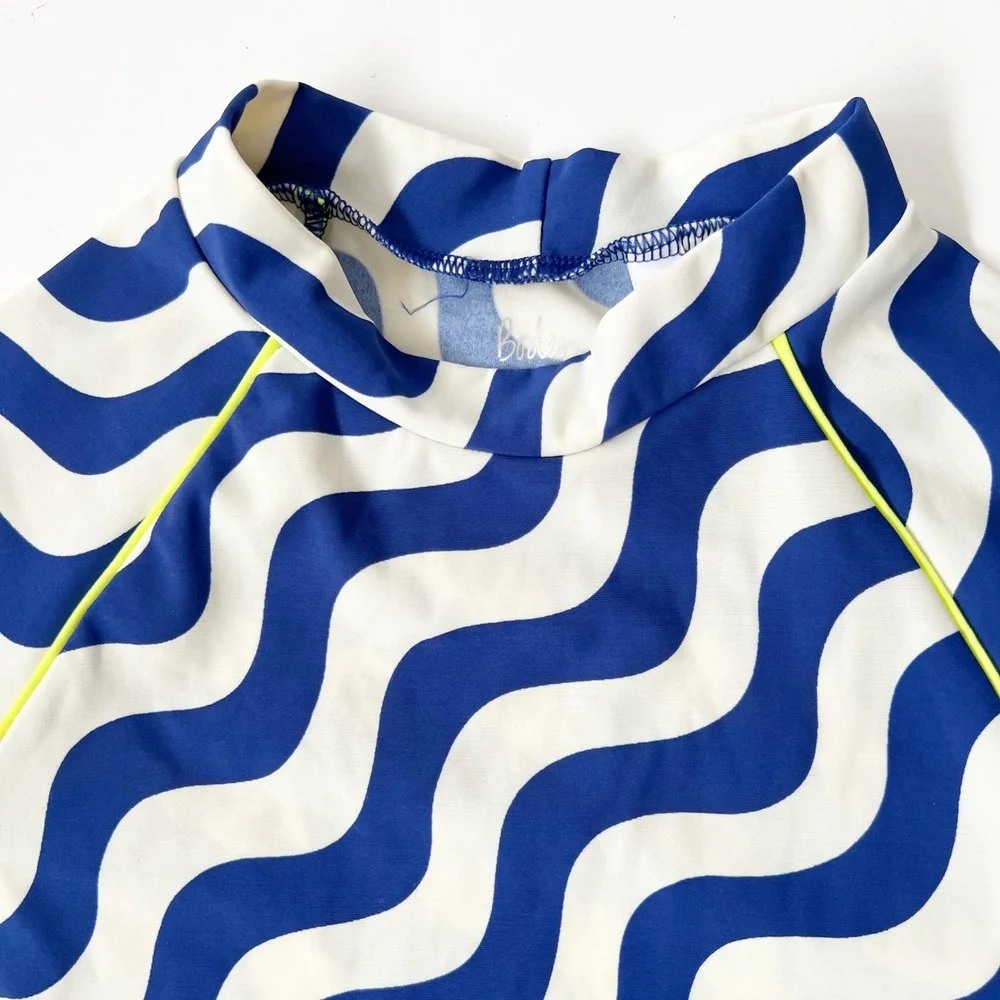 Mini Boden Rash Guard 8-9Y Blue Wavy Long Sleeve UPF 40+ Swim Shirt Top Kids